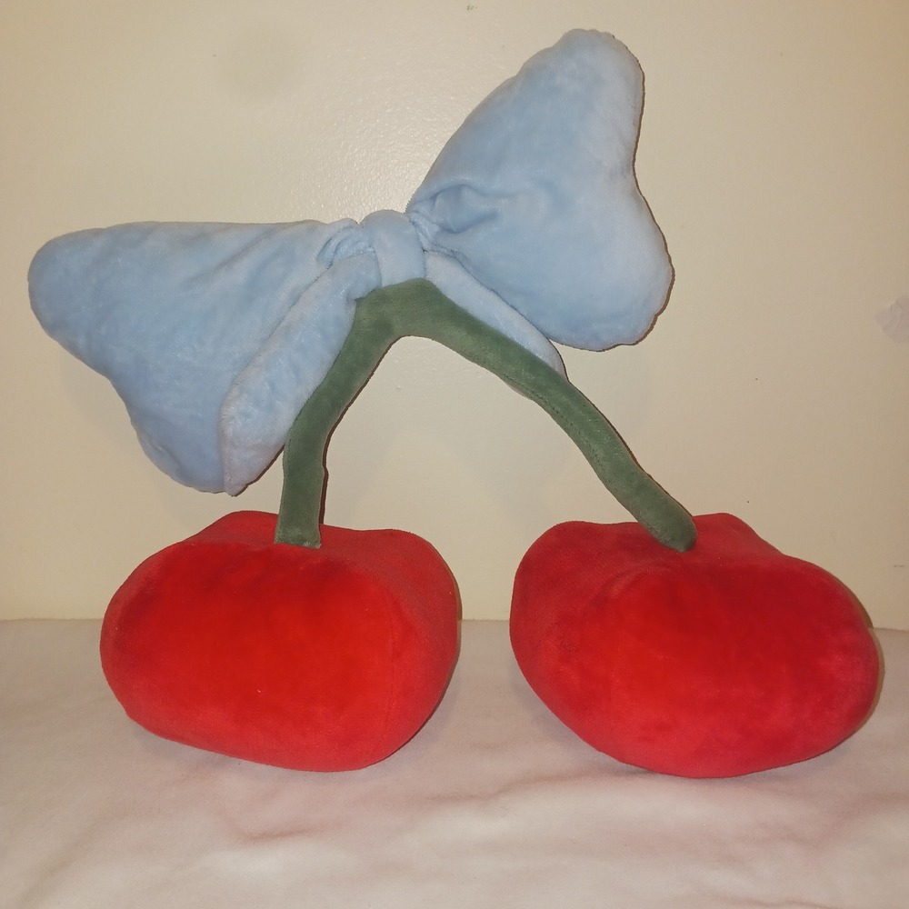 Coquette Decor Red Cherry Plush Decorative Pillow Blue Bow Fruit Accent soft